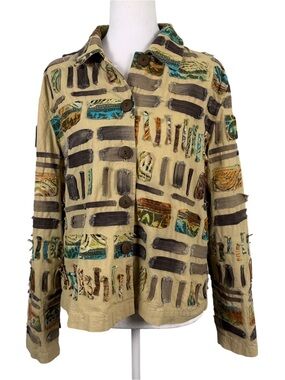 New directions Beige Patchwork Cotton Jacket with Teal & Brown Accents Size M